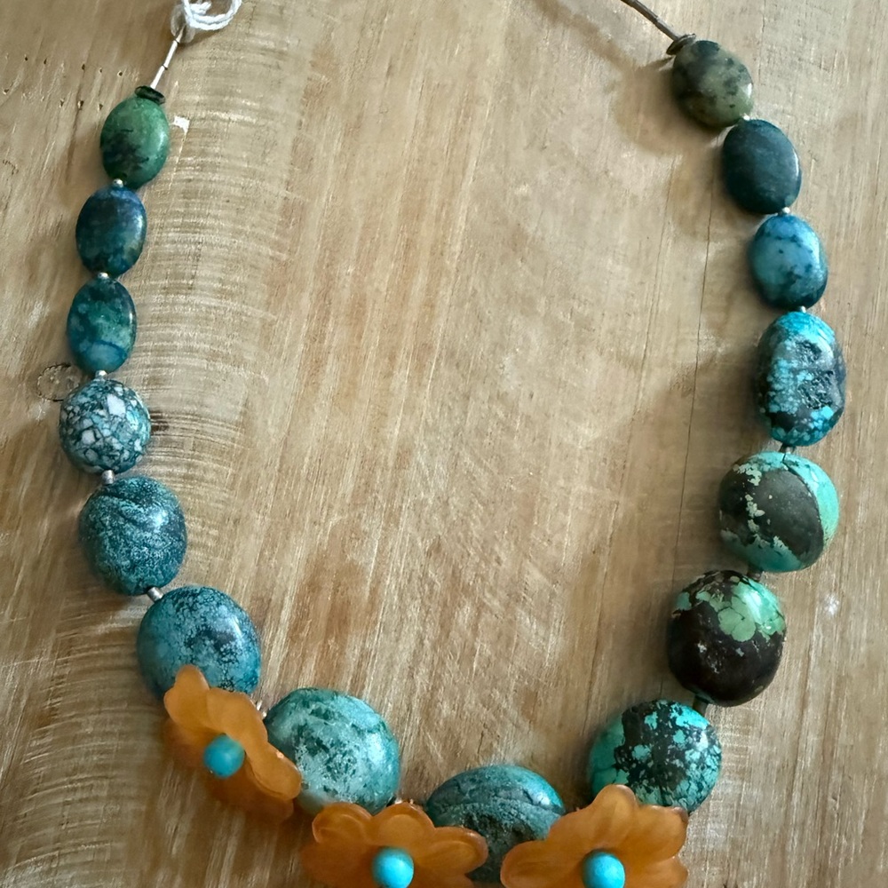 Turquoise and Orange Floral Beaded Necklace